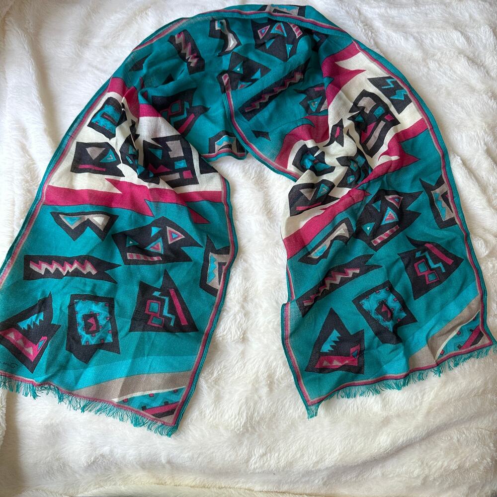Oscar de la Renta Scarf Pink Aqua Teal blue White Abstract Art Deco Mod